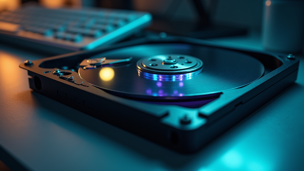 Nahaufnahme eines Computers mit geöffnetem Gehäuse und sichtbarer Festplatte
