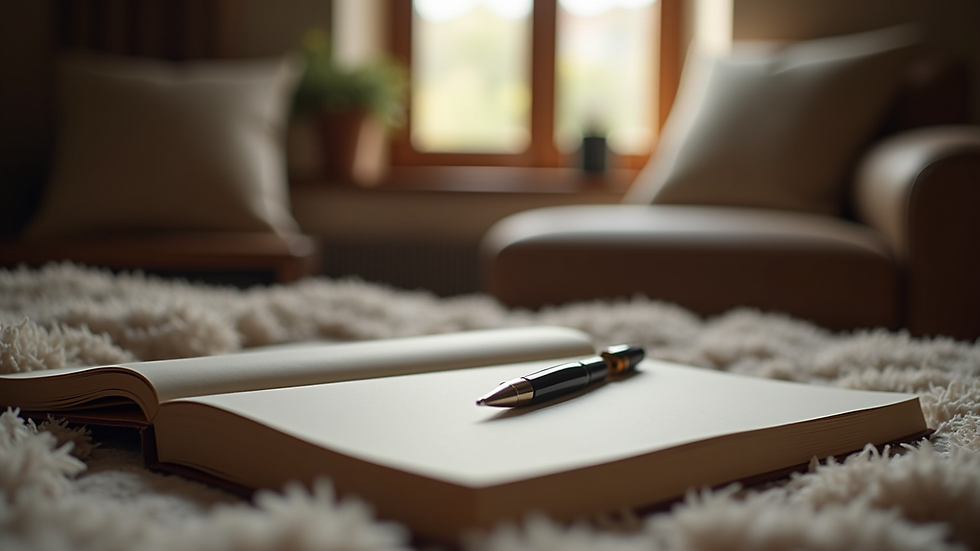 Eye-level view of a cozy reading nook with a notebook and pen