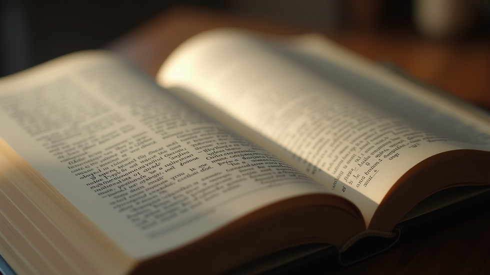 Close-up view of an open book with softly lit pages