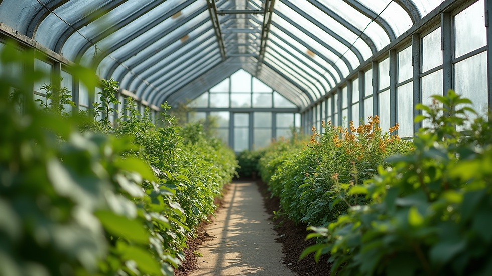 High angle view of a garden greenhouse made from polycarbonate panels