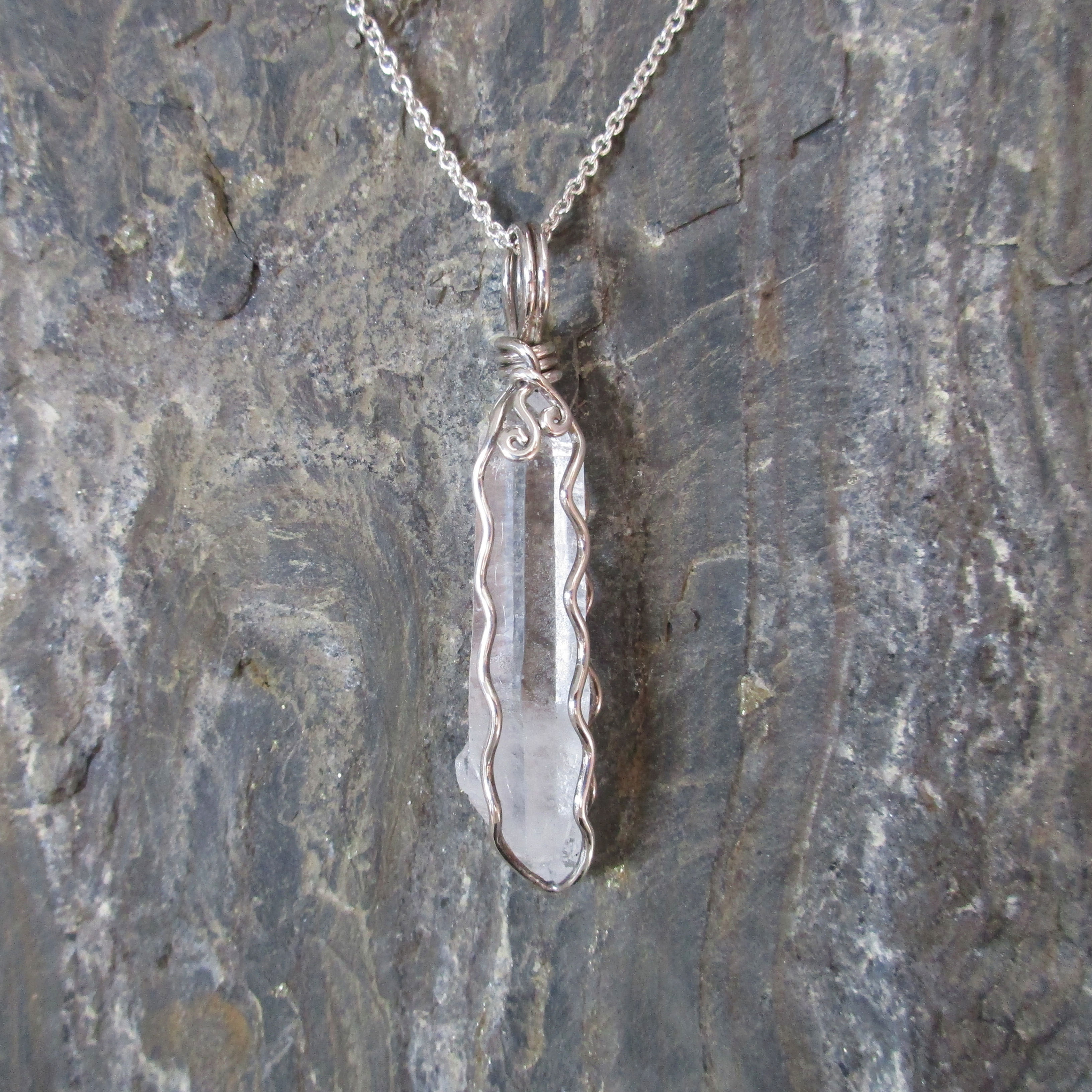 Quartz Crystal wire wrapped pendant in Sterling silver on chain