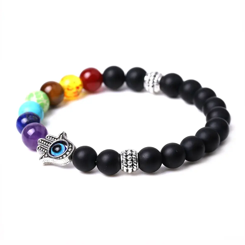 Thumbnail: Seven Chakra Healing Hamsa Evil Eye Stone Bead Bracelet