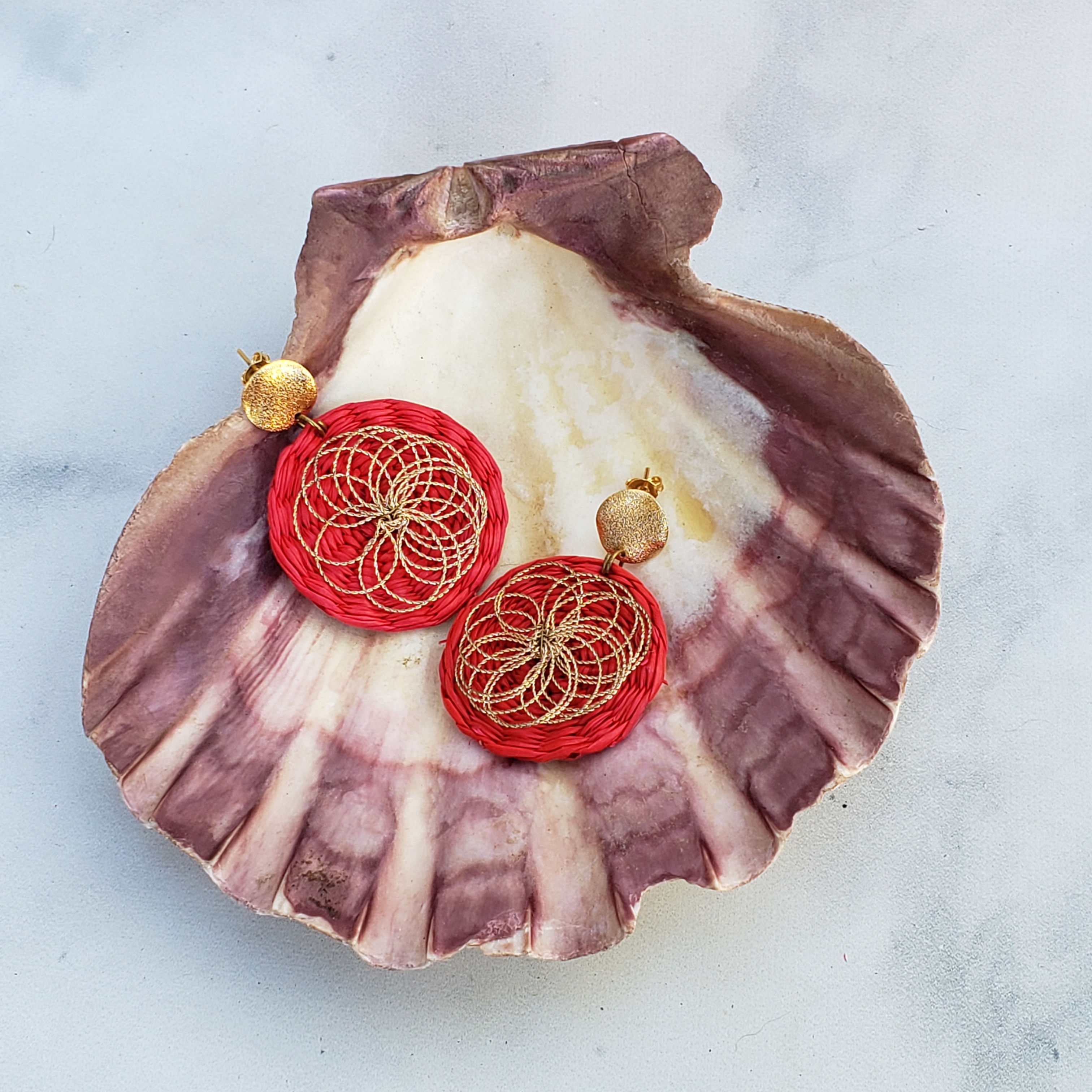 Red straw woven disks earrings wire wrapped with gold