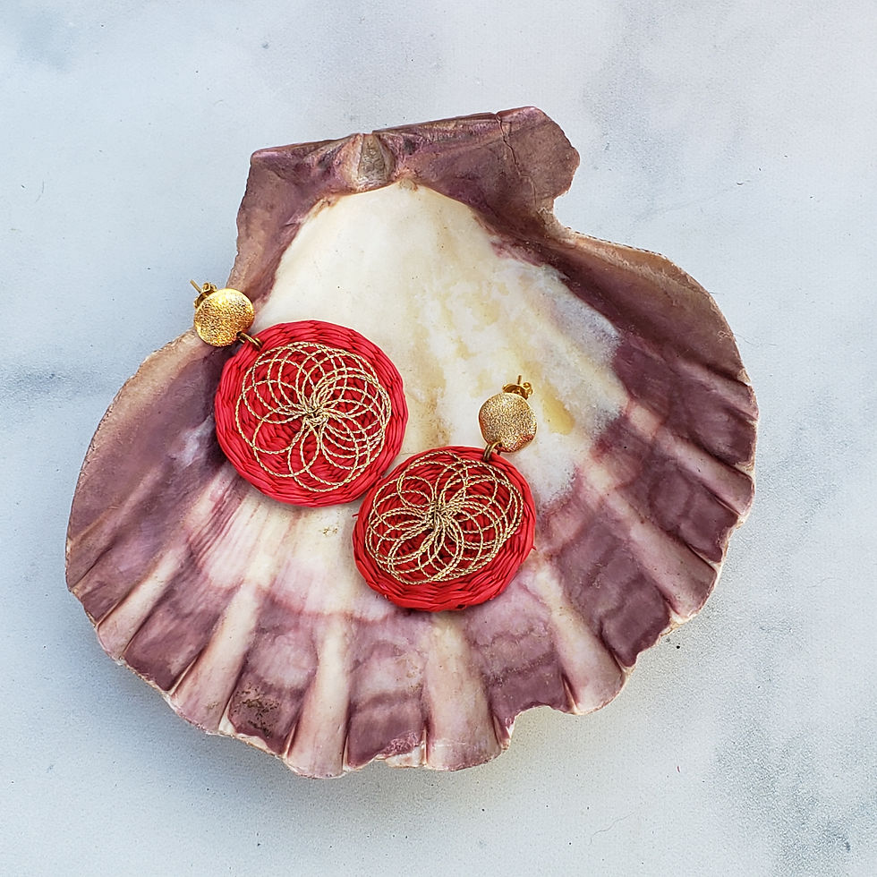 Red straw woven disks earrings wire wrapped with gold