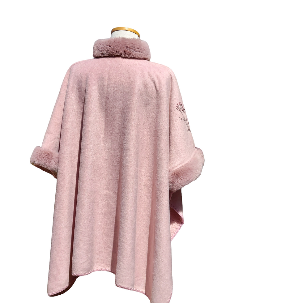 Thumbnail: Thermal sheep wool pink cape with faux fur neck and sleeves trim