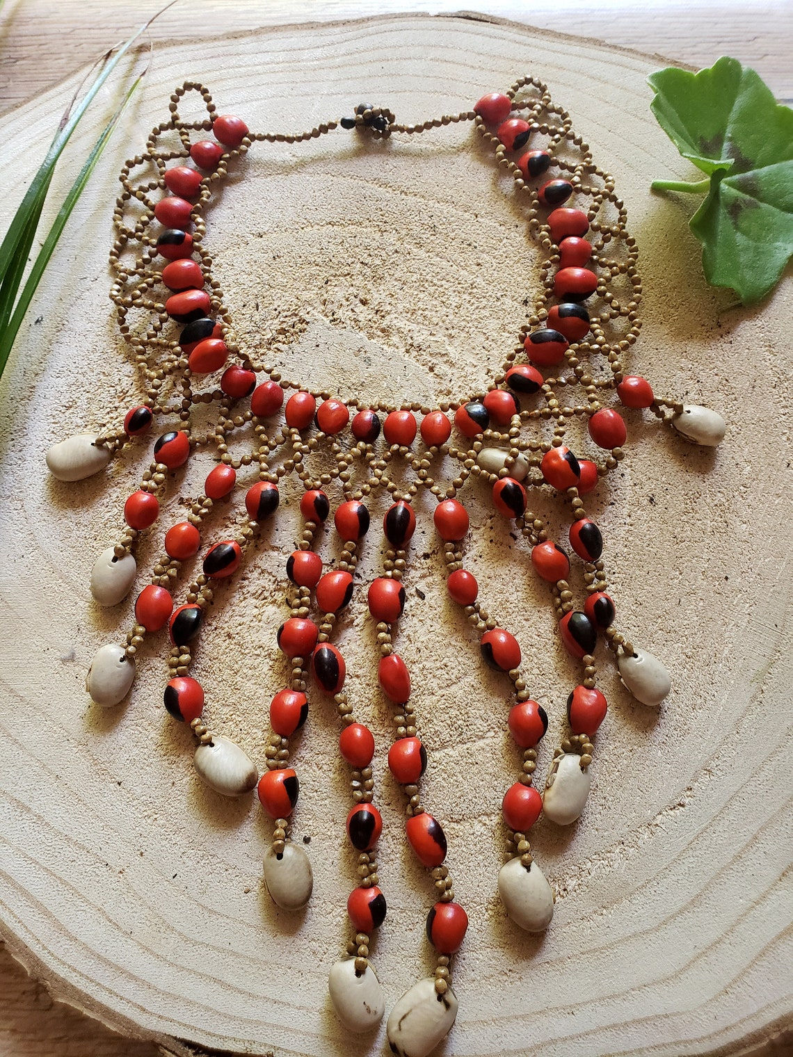 Waterfall necklace/ Red cascade Necklace/ Seeded tribal rainforest necklace