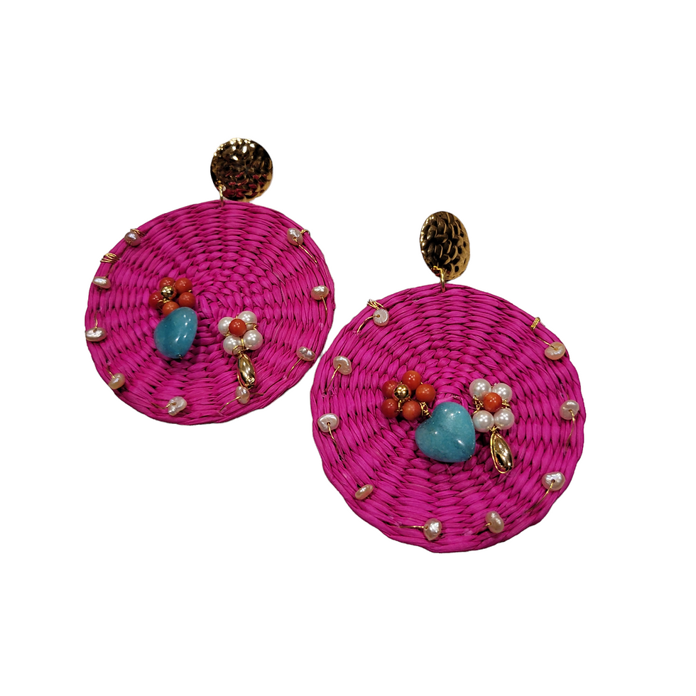 Thumbnail: Oversized hot pink toquilla earrings embellished with hearts by Allie
