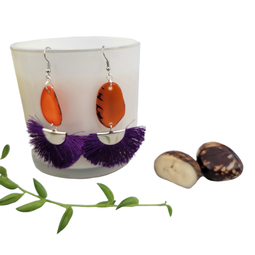Thumbnail: Tagua petals  fan tassel earrings/Boho chic eco Earrings
