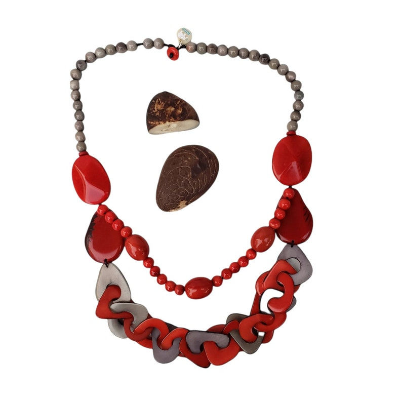 Chain and pearls pink or red tagua nut statement necklace