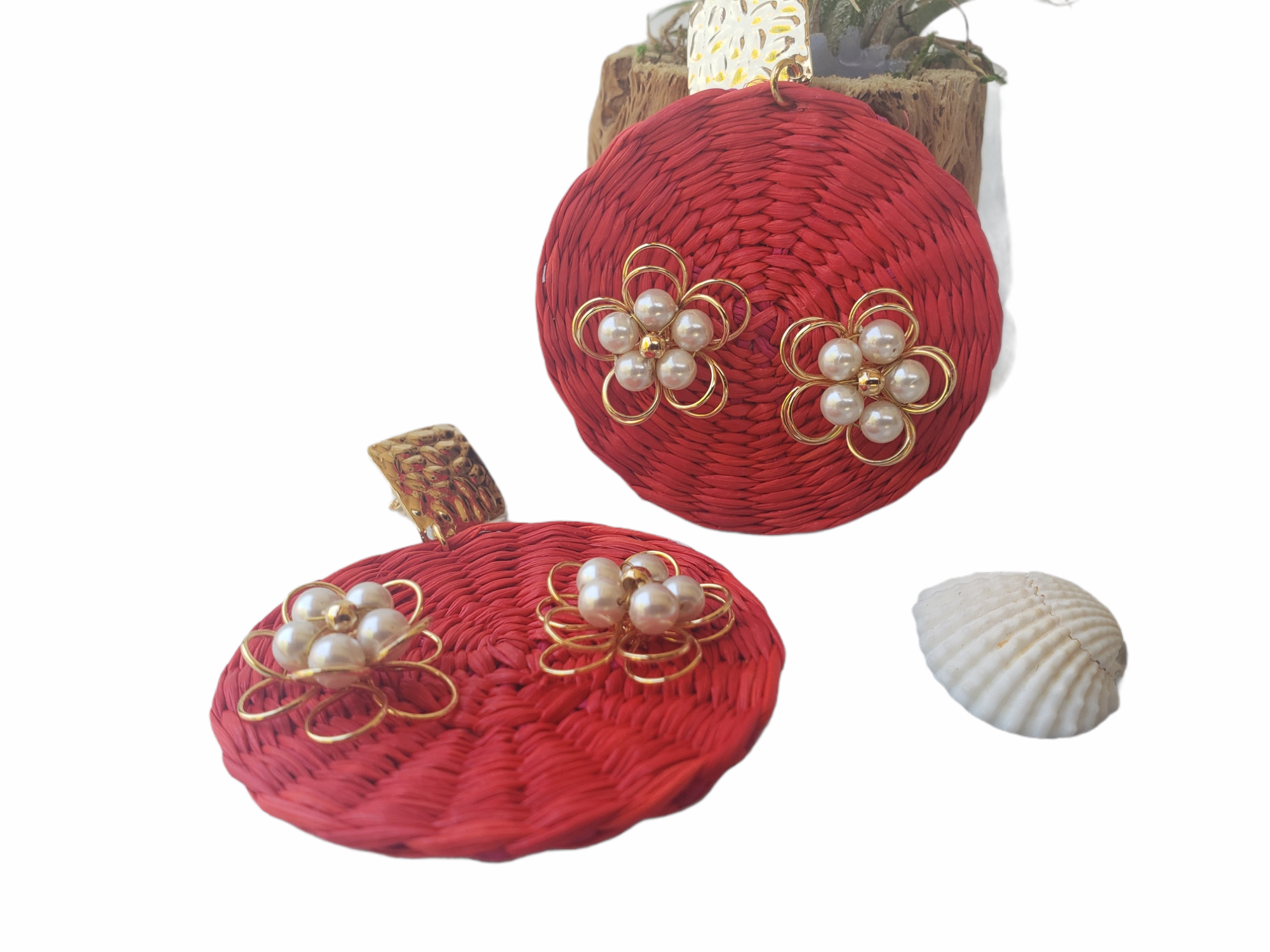 OOAK red straw earrings with pearls and gold wrap / Wicker beach earrings