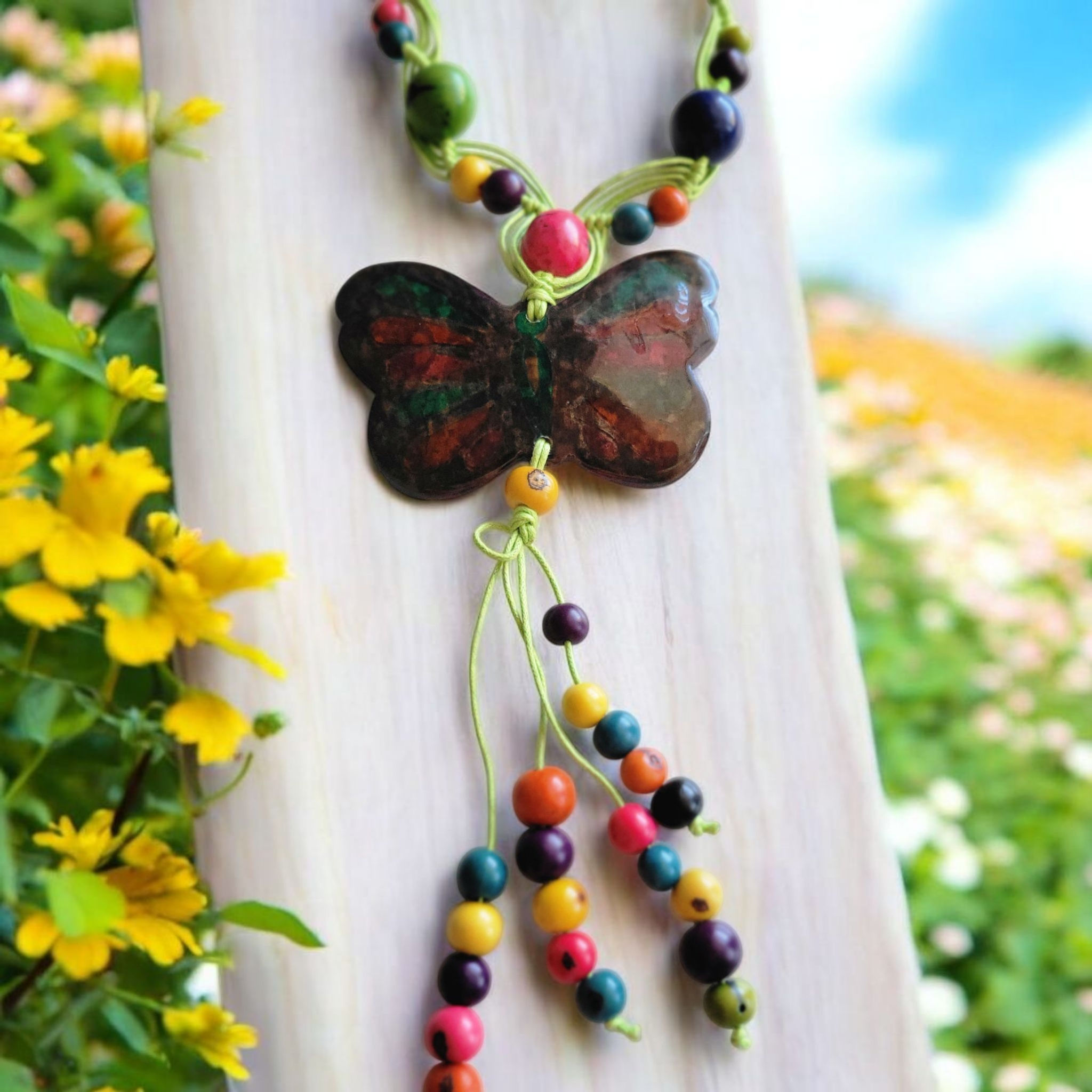 Rainbow Butterfly Tagua necklace spring jewelry