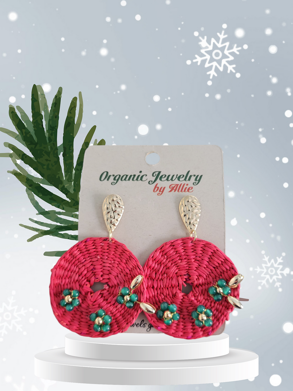 Thumbnail: Red toquilla straw big  disks earrings with jade by Allie Thornton