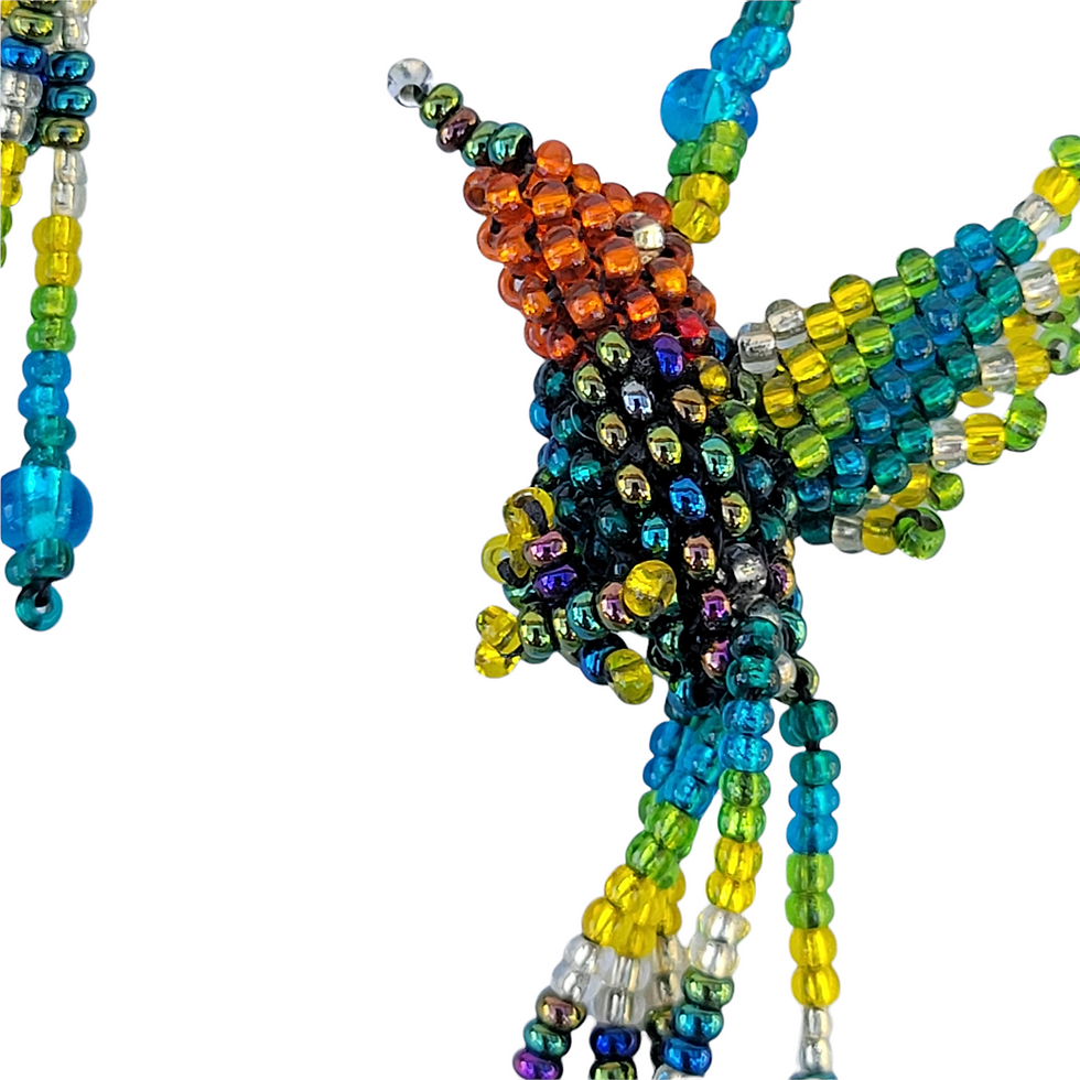 Thumbnail: Humming birds long dangle earrings in glass beads Ukrainian folk art