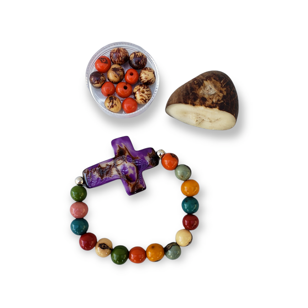 Thumbnail: Tagua cross and acai beaded colorful stretch  bracelets/ Christian faith gifts/