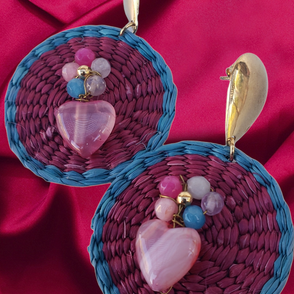 Thumbnail: Straw and hearts earrings with gold post Be my Valentine's