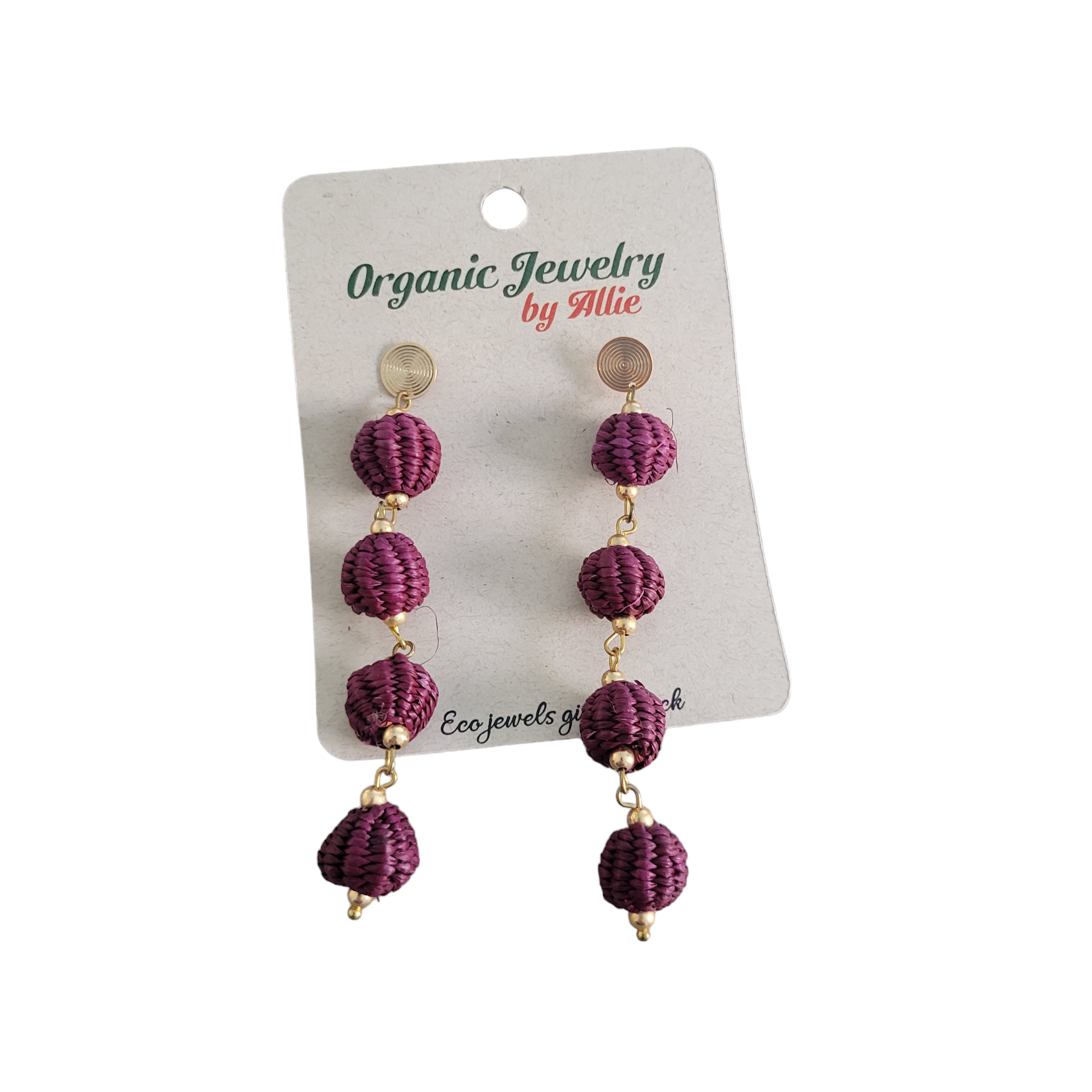 Long dangle toquilla earrings purple beads by Allie Tagua jewelry