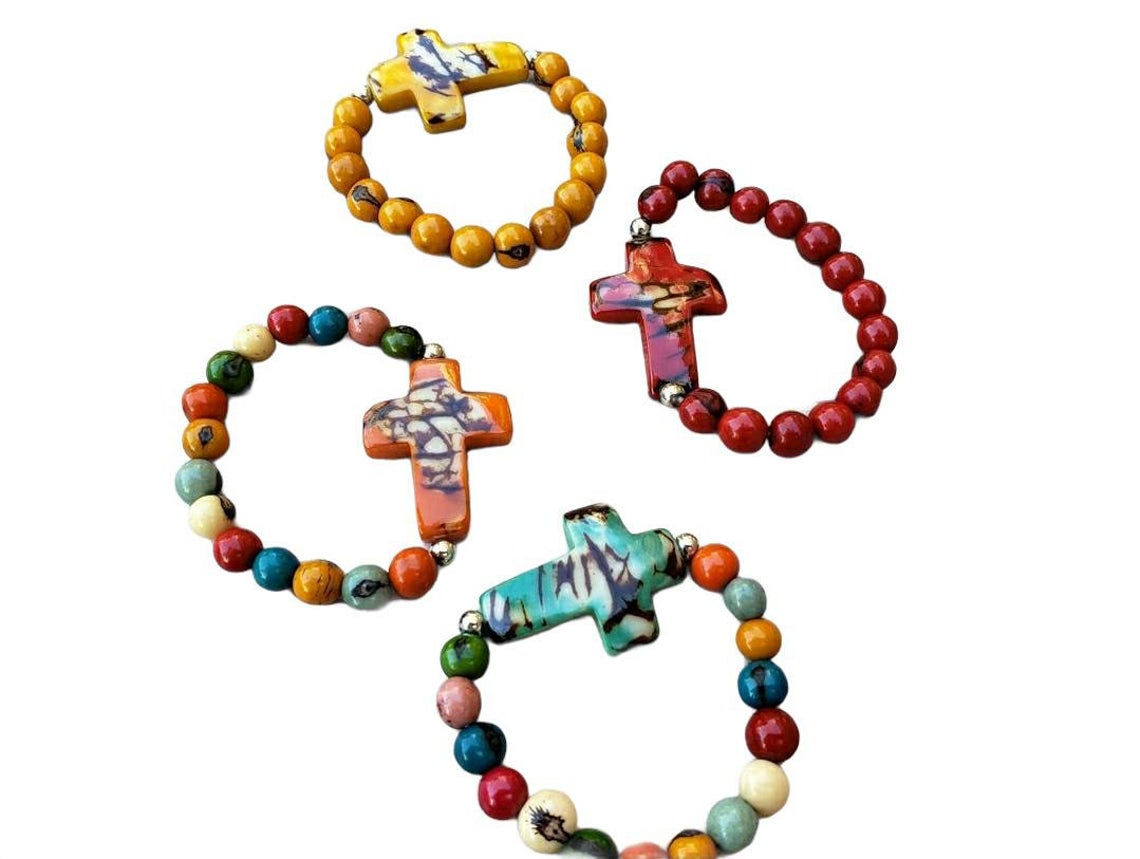 Tagua cross and acai beaded colorful stretch bracelets/ Christian faith gifts/