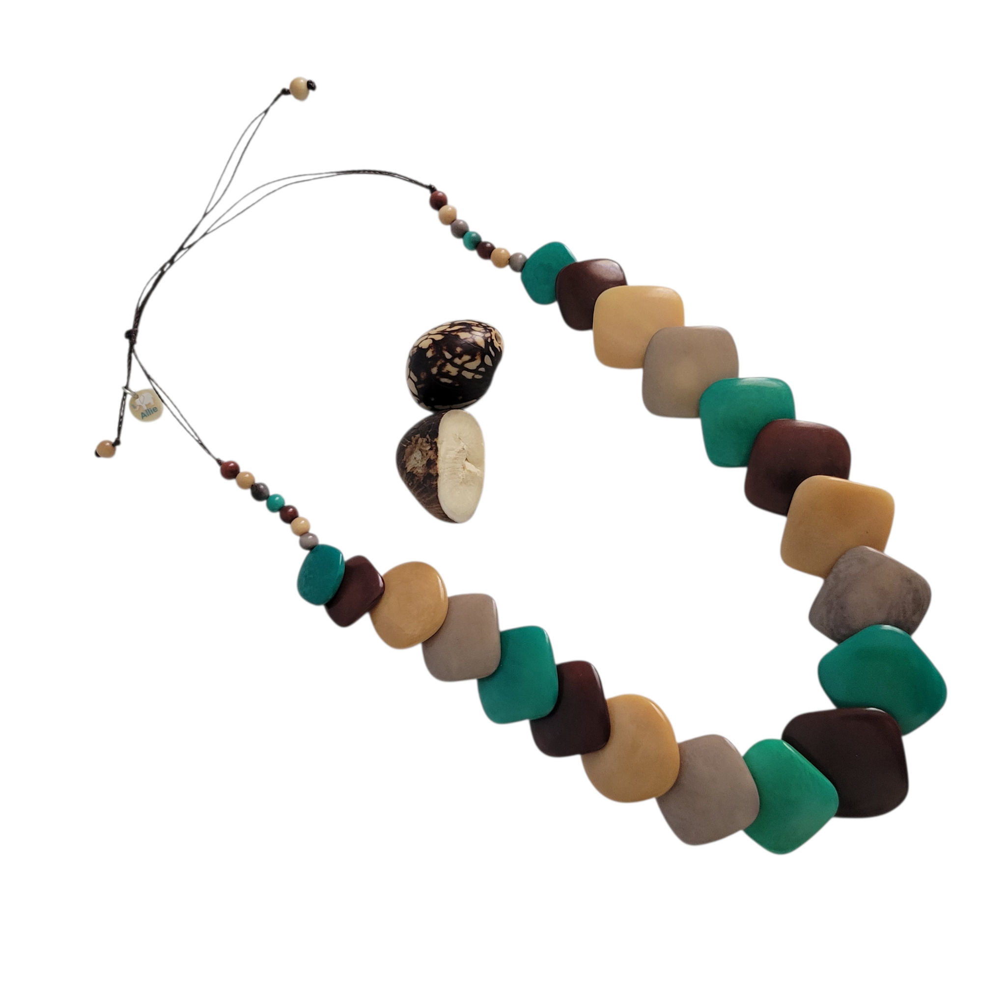Squares overlapping tagua teal & sand necklace