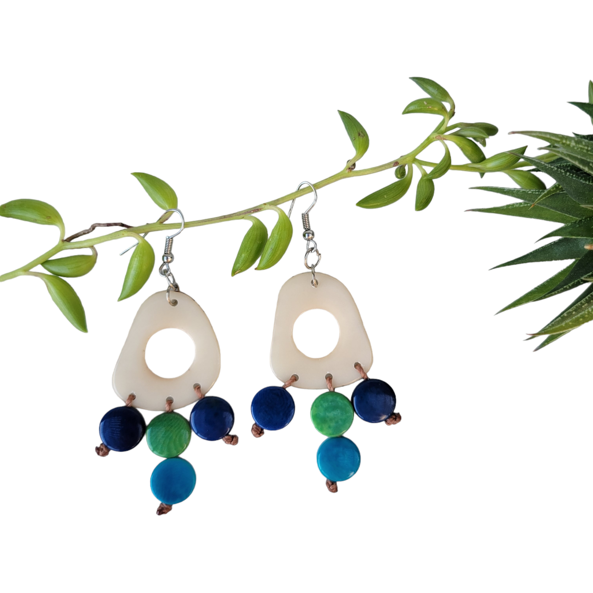 Bohemian chic tagua nut chandelier earrings hoop and buttons