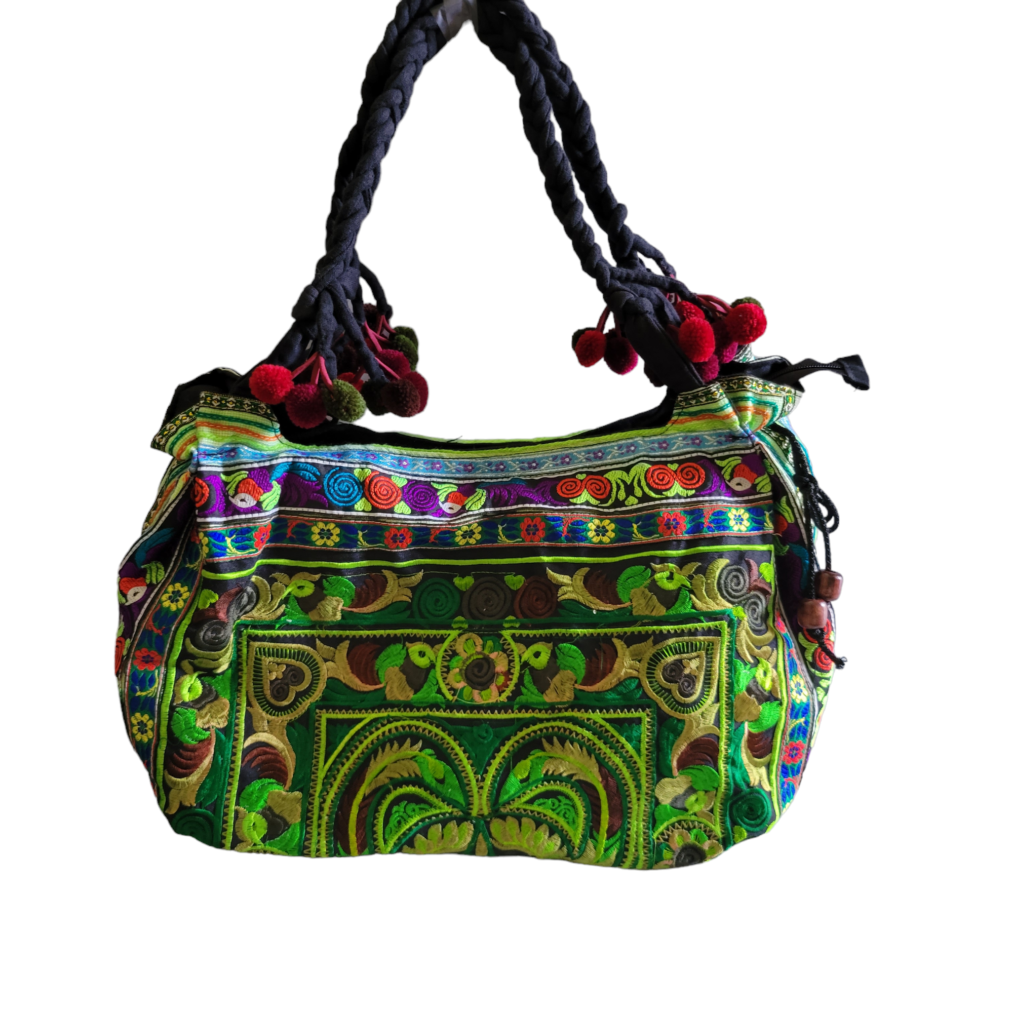 Embroidered  big Thai canvas  bag with poms poms 