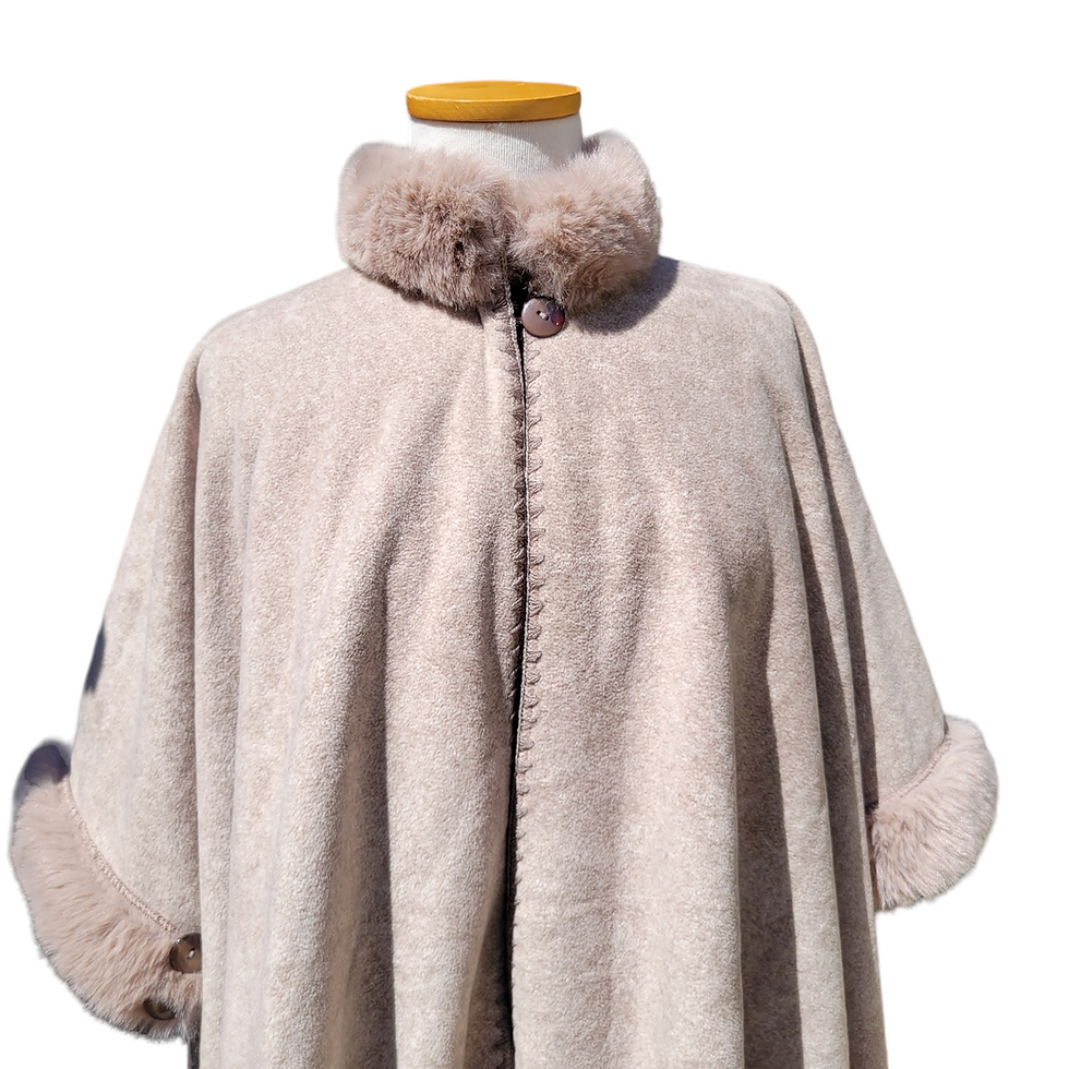 Thumbnail: Thermal gray poncho cape with  sheep wool & vegan fur trim neck and sleeves