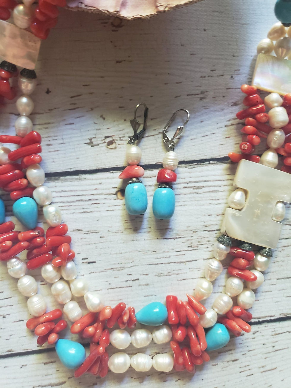 Thumbnail: Red Coral and pearls necklace/ Beach Native American inspired Turquoise necklace