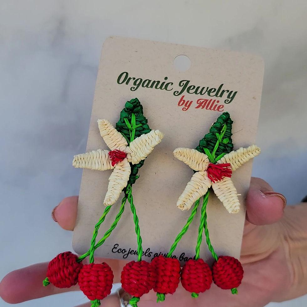 Thumbnail: Toquilla palm straw Tropical orchids & Cherries woven earrings in gold posts