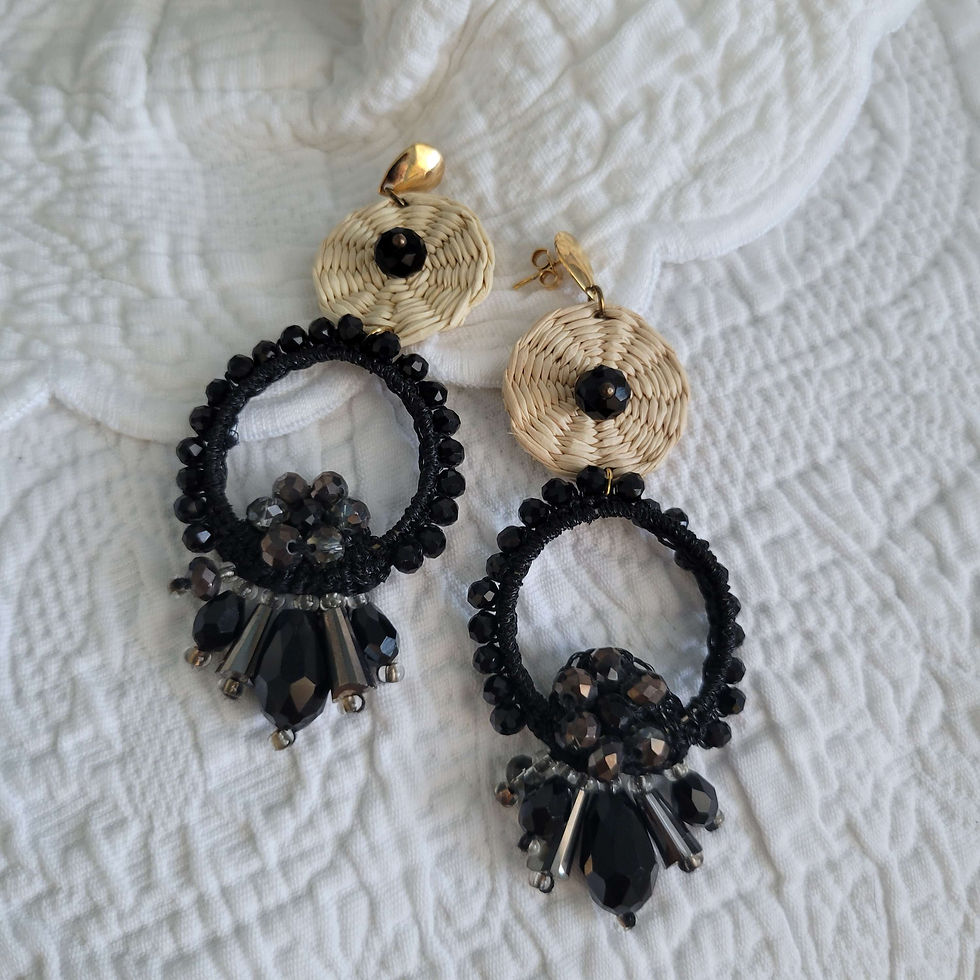 Thumbnail: Natural toquilla strawearrings and black crystals 