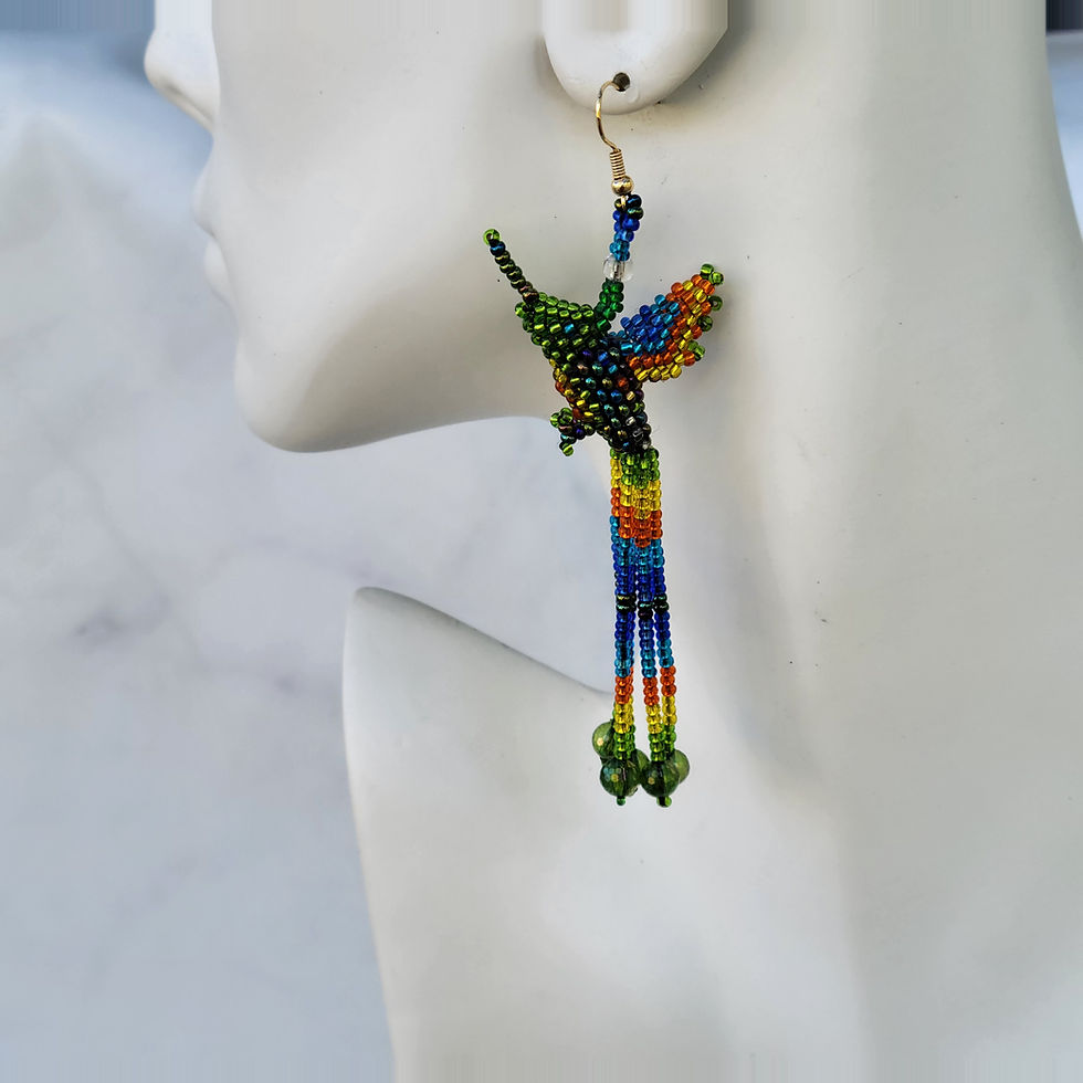 Thumbnail: Humming birds long dangle earrings in glass beads Ukrainian folk art