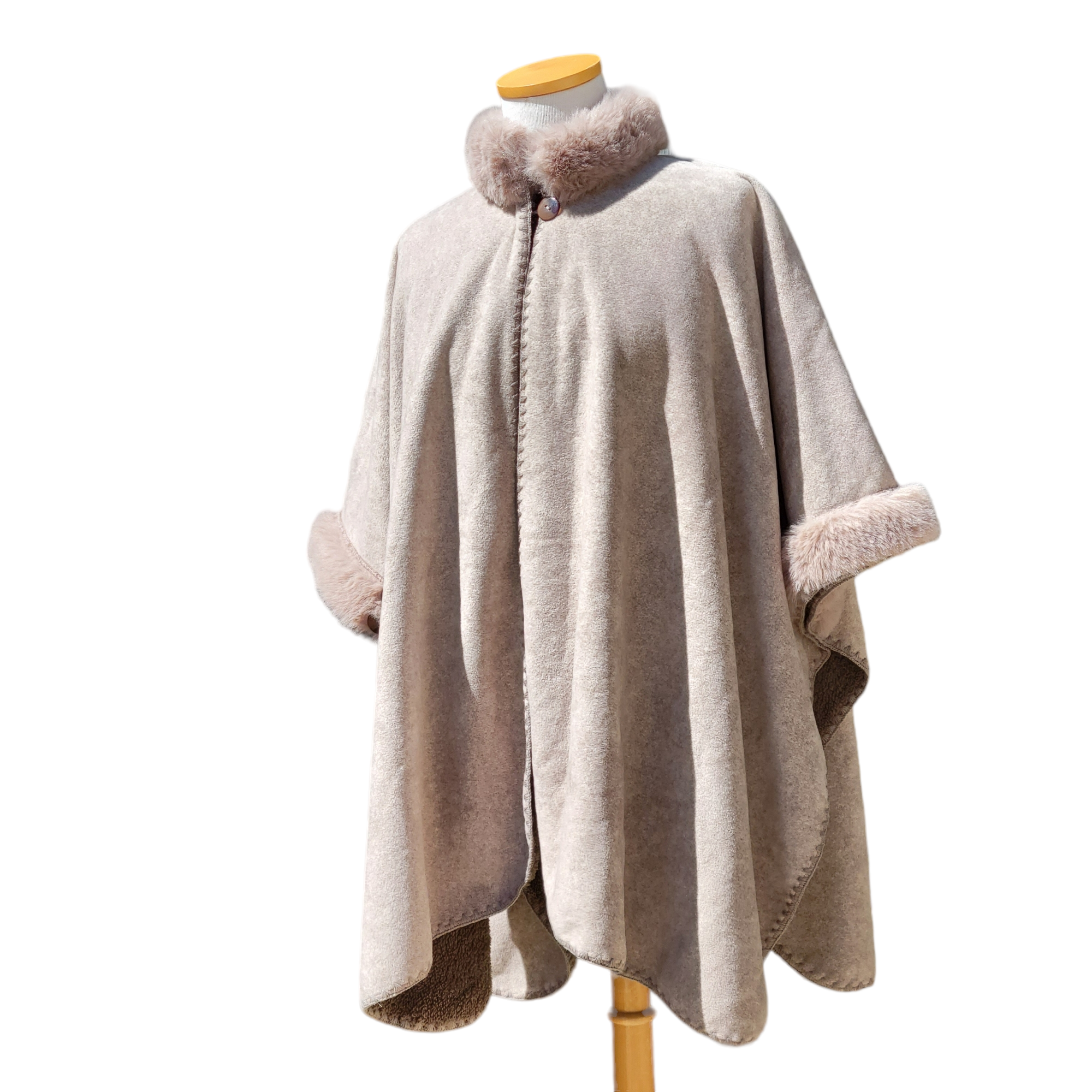 Thermal gray poncho cape with  sheep wool & vegan fur trim neck and sleeves