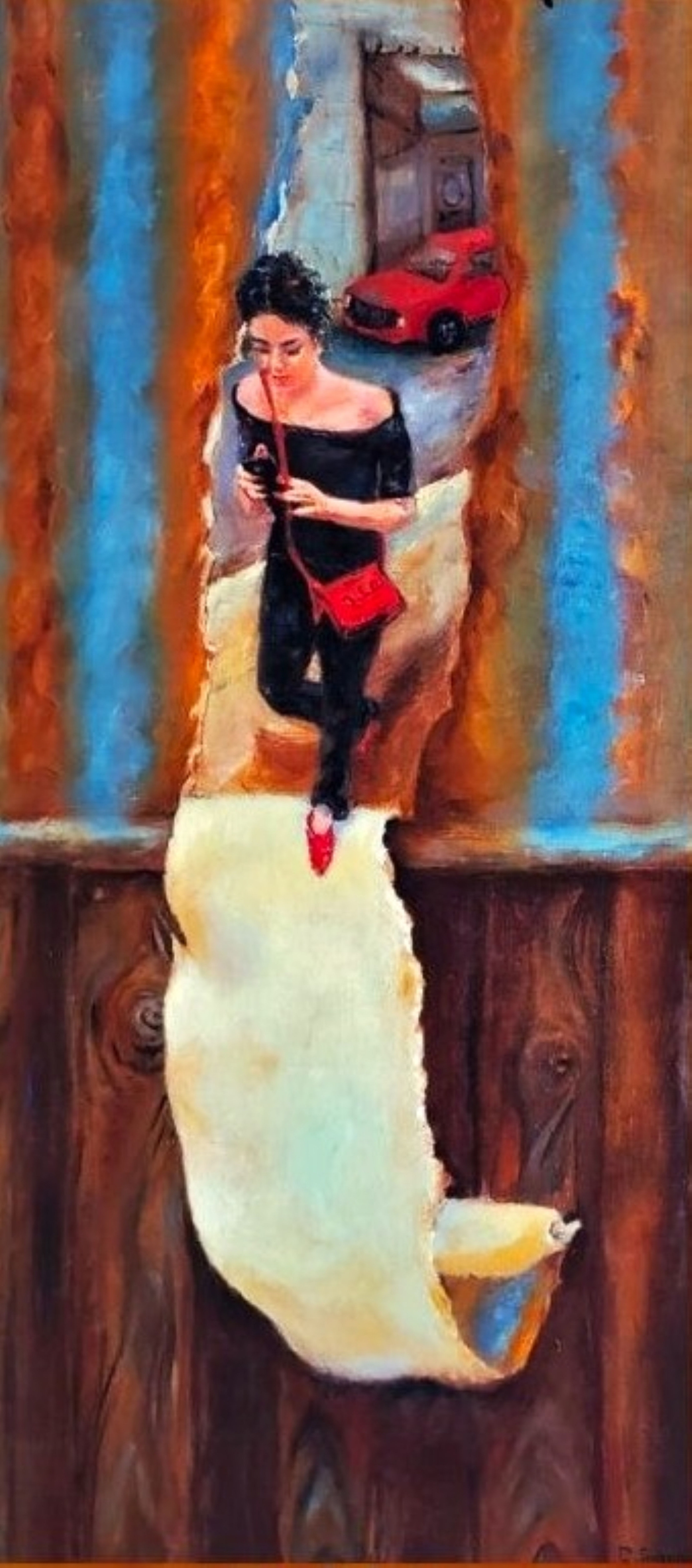 Woman with red purse walking in a wall, holding a cell. CHRISTINEGAGNON'S ART