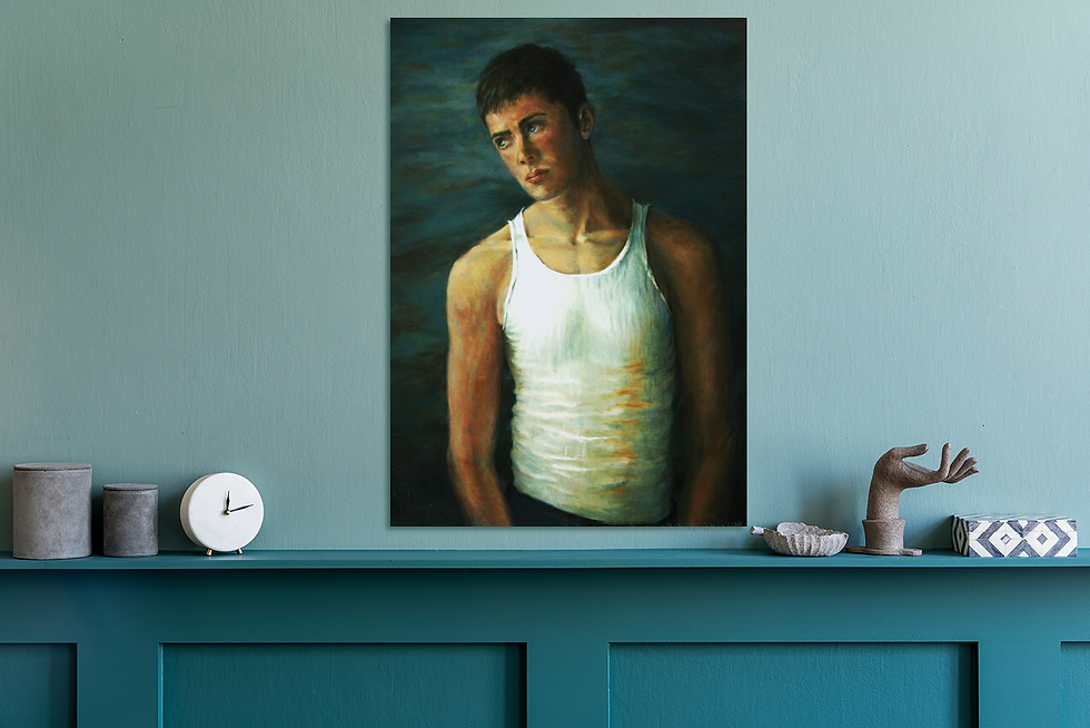 Thumbnail: Painting of a young man, in a white tank top, somewhere. CHRISTINEGAGNON'S ART