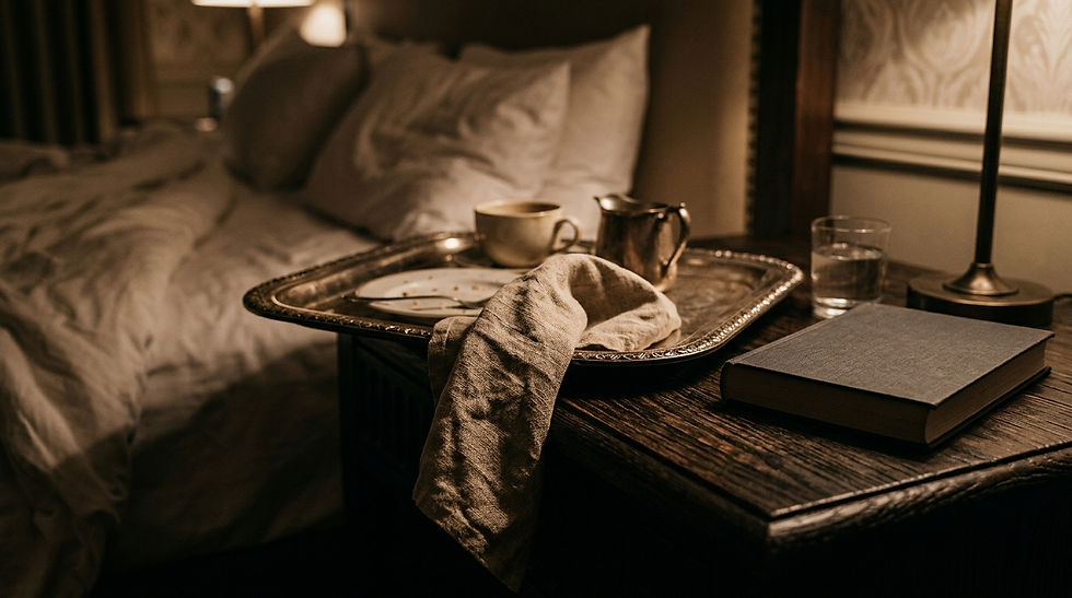 Cozy hotel bedside tray with cup, plate, cloth napkin, glass, and book beside an unmade bed under warm lamplight.