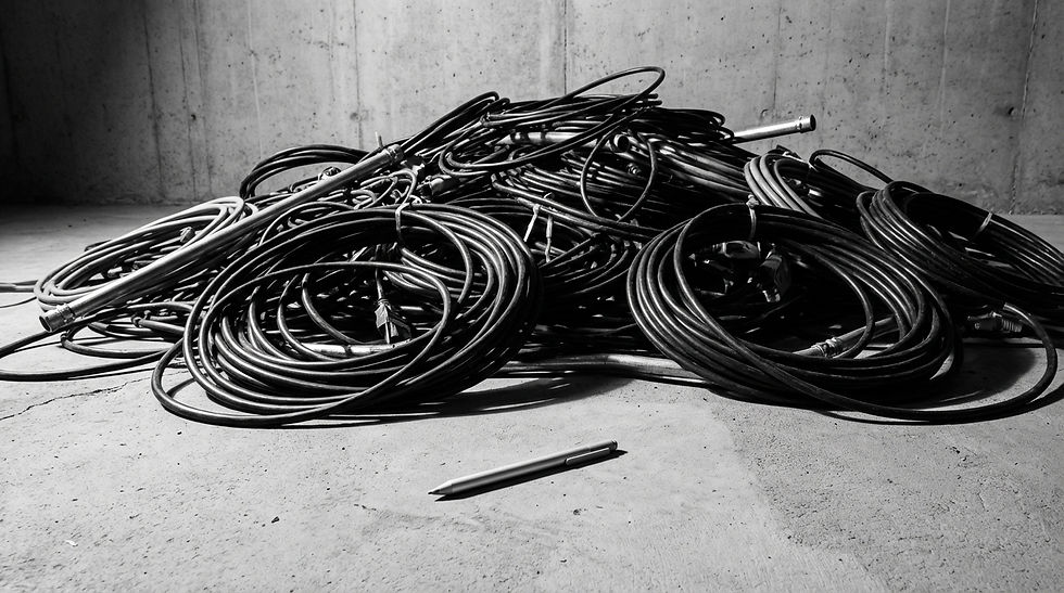 A pile of tangled cables lies on a concrete floor against a bare wall. A pen is nearby, and the scene is in black and white.