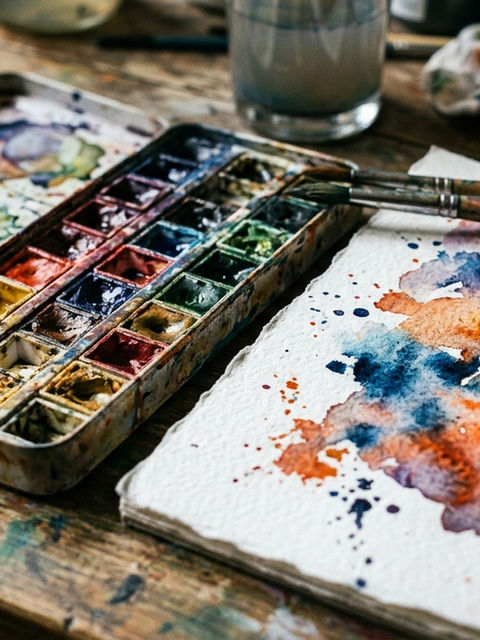 Watercolor paint set and brushes beside colorful abstract watercolor washes on paper atop a worn wooden table.