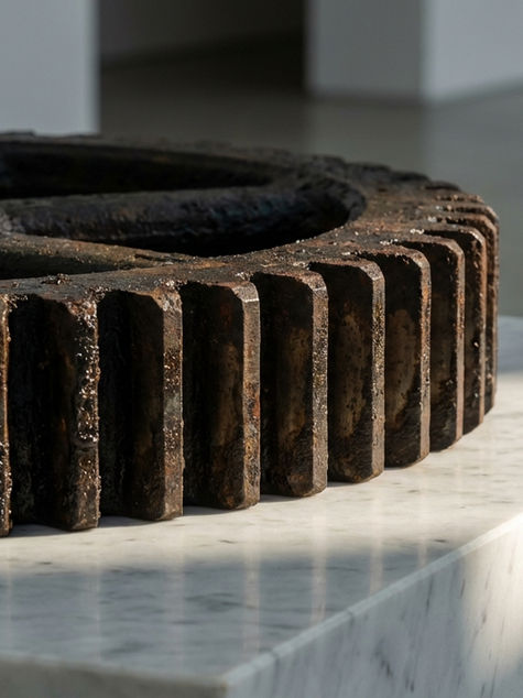 A rusty gear sits on a white marble pedestal in a sunlit gallery, casting shadows. The setting is minimal and modern.