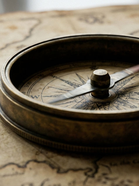 A vintage compass rests on an old map, with worn edges and a sepia tone, creating an adventurous and nostalgic mood.