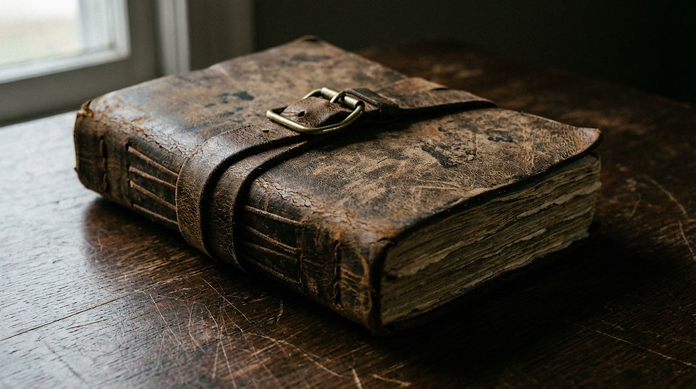 Old leather-bound book with a strap on a wooden table by a window. The worn cover and aged pages suggest history and mystery.