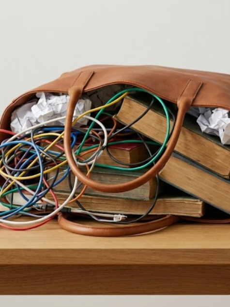 Brown leather bag on a wooden table, filled with colorful tangled cables, old books, and crumpled paper against a plain background.