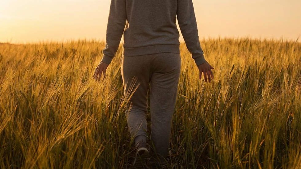 Person in gray tracksuit walking through a golden field at sunset, hands brushing tall grass. Peaceful and serene atmosphere.