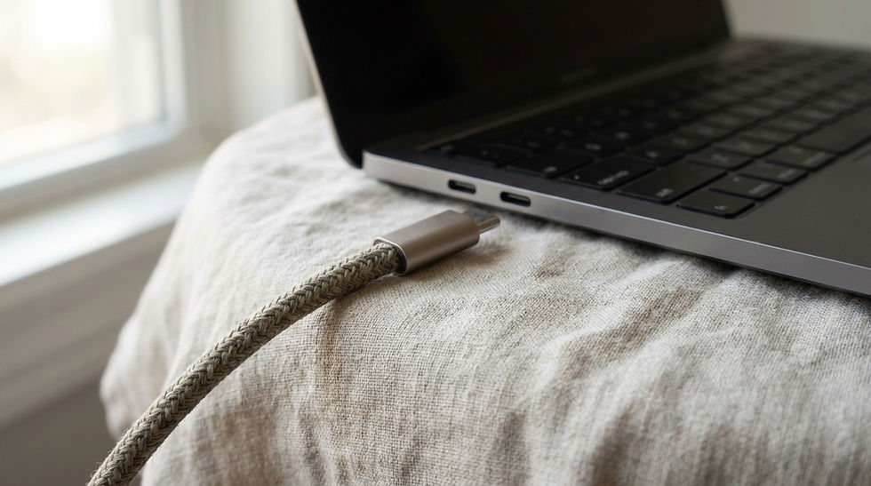 Laptop on linen fabric with a braided USB-C cable. Soft natural light from a window suggests a calm setting. No visible text.