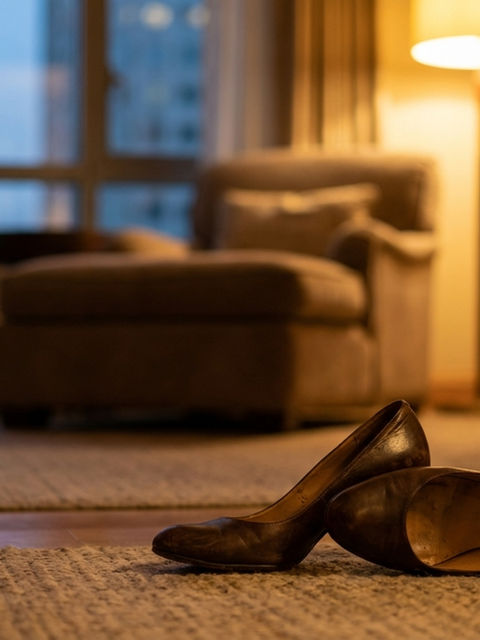 Pair of brown shoes on carpet in a cozy room with an armchair and lamp. Warm lighting creates a relaxed, inviting mood.
