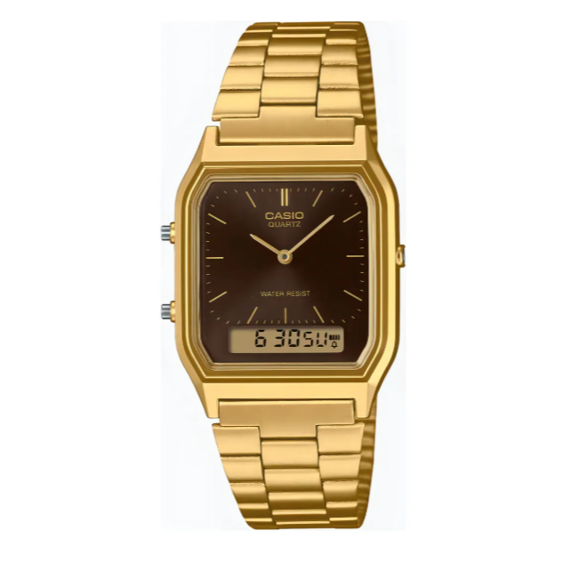 Relógio Casio Vintage Dourado com fundo marrom