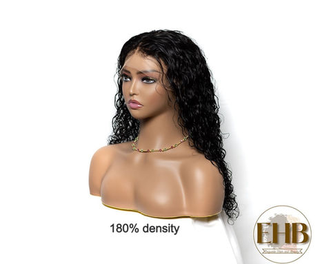 180 percent density curly lace front human hair wig on mannequin by EHB for natural volume and style
