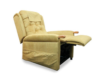 Beige riser recliner chair, footrest extended