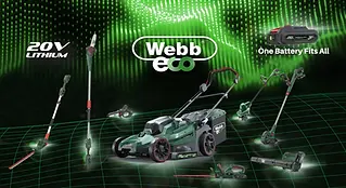 Webb Eco promotional graphic showing a 20V battery and various cordless tools including a mower, trimmer and blower
