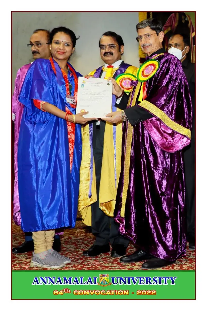Receiving her PhD Convocation certificate from Annamalai University