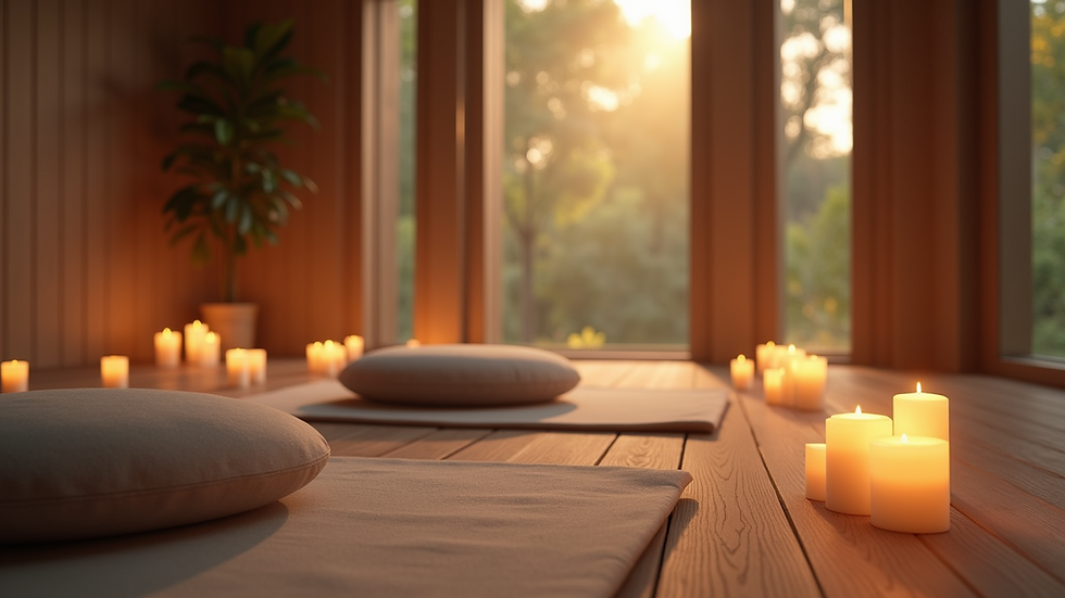 Eye-level view of a serene meditation space with candles and cushions