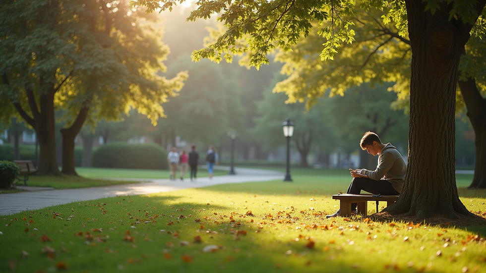 Wide angle view of a peaceful park with students studying
