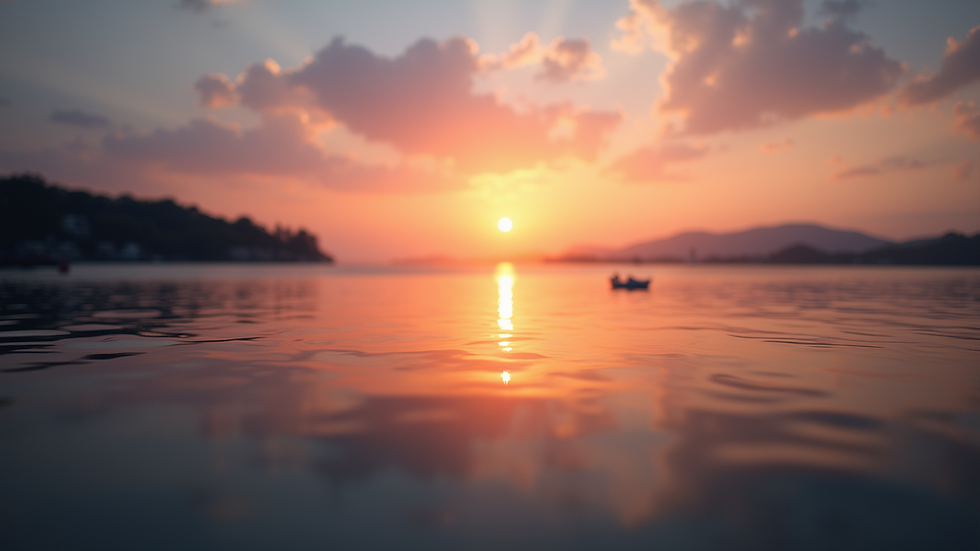 Eye-level view of a vibrant sunset over a calm lake